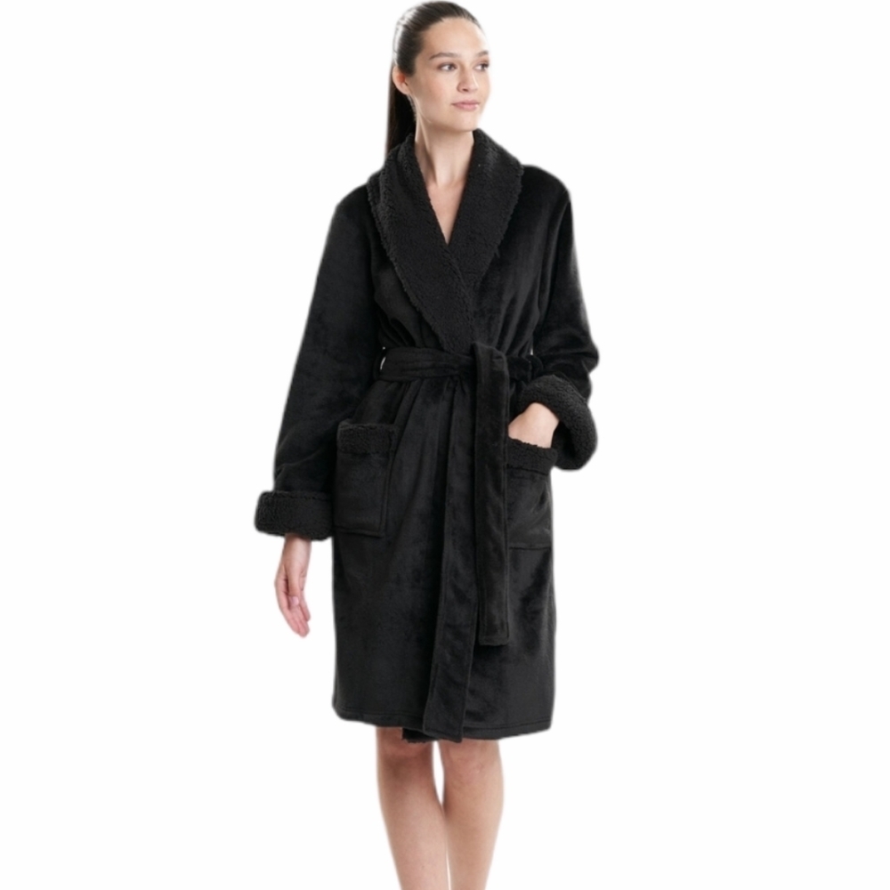 Natori Womens Black Plush Fleece Robe Shawl Collar Tie Belt Pockets Size M